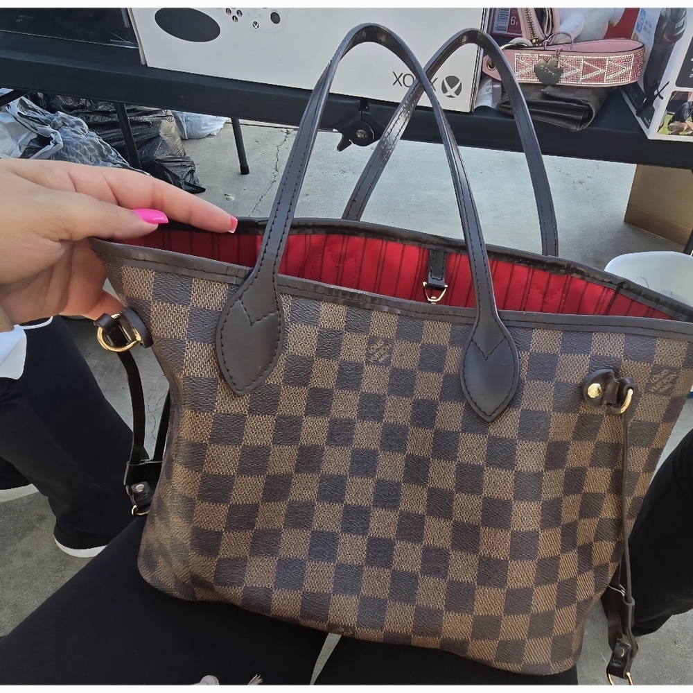 Louis Vuitton Brown Checkered Tote with Red Interior